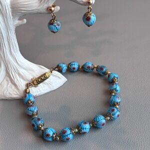 Vintage Millefiori Glass Bead Bracelet Earrings Blue Gold Tone